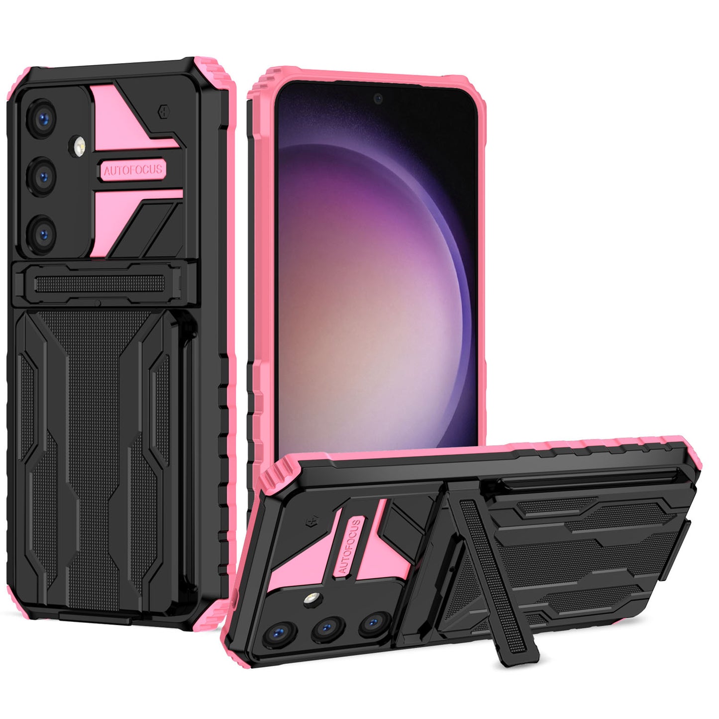 Detachable Card Holder Case with Kickstand Heavy Duty Cover for Samsung Galaxy S24, Pink