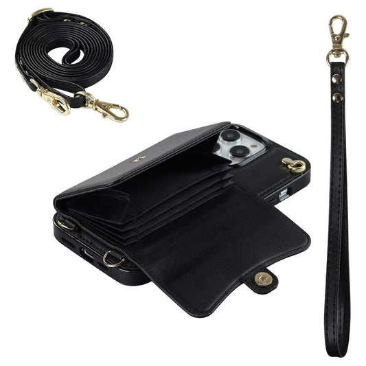 Crossbody Leather Detachable Adjustable Strap Wristlet Flip Case for iPhone 15 Pro Max, Black