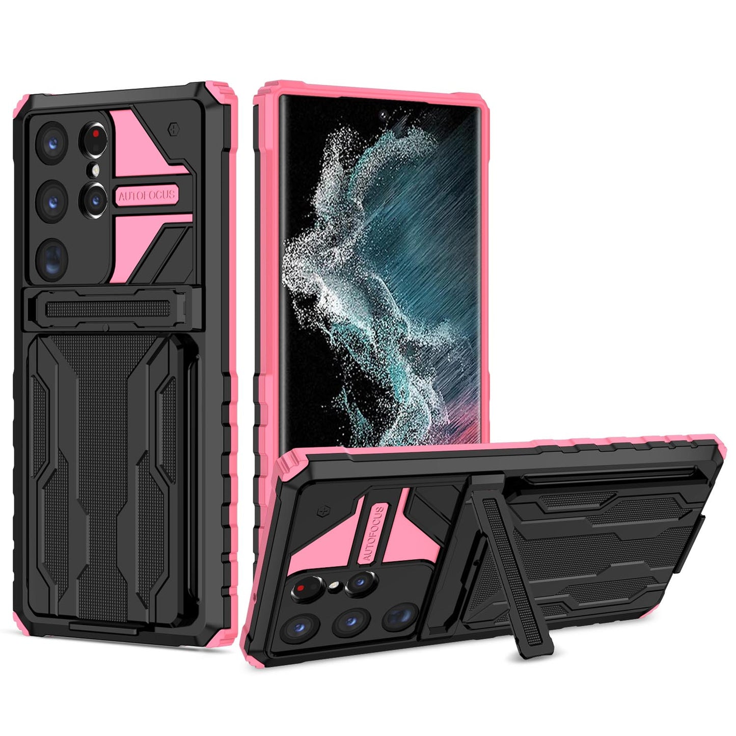 Detachable Card Holder Case with Kickstand Heavy Duty Cover for Samsung Galaxy S23 Ultra, Pink