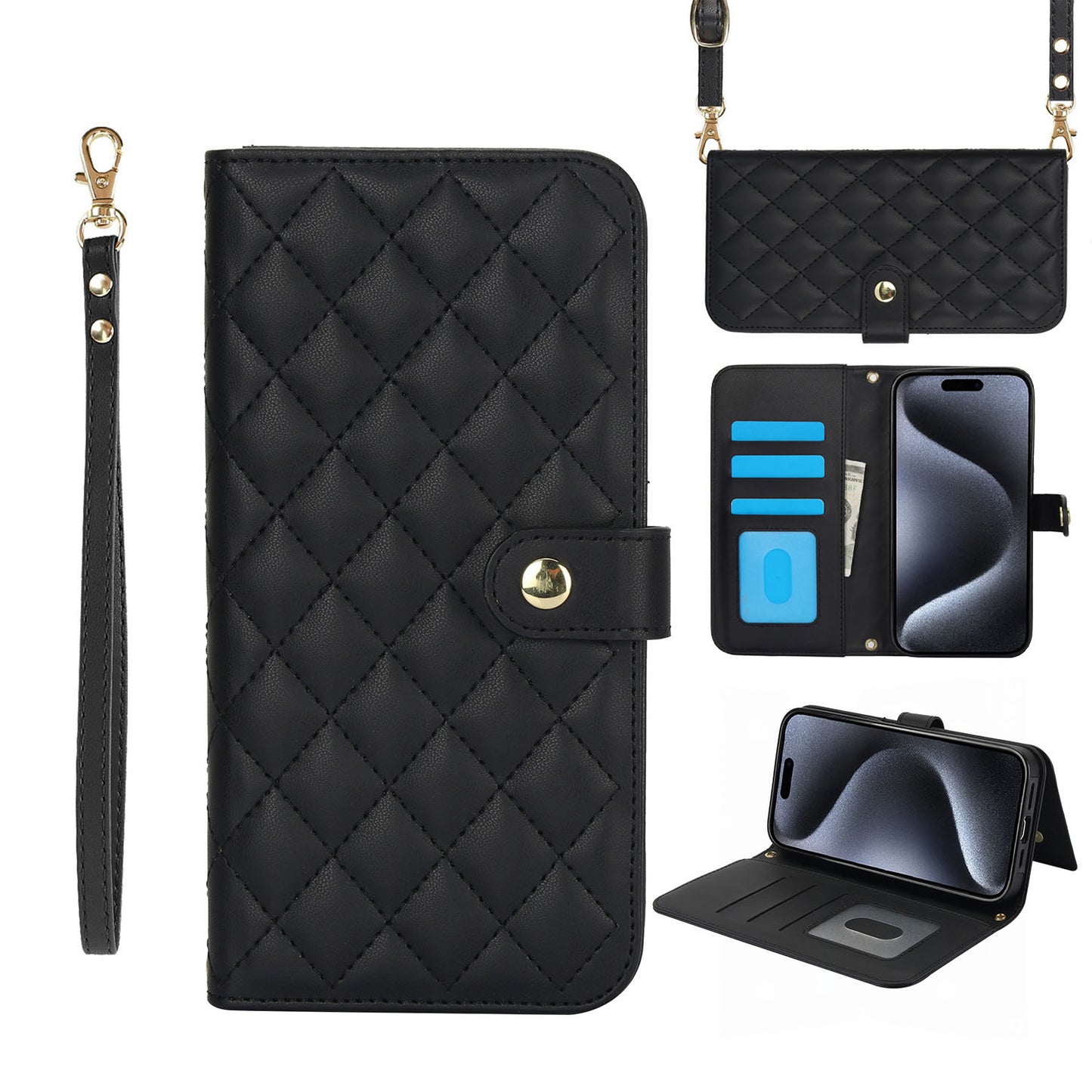 Quilted Leather Crossbody Wallet Case for iPhone 13 Mini with RFID Blocking, Black