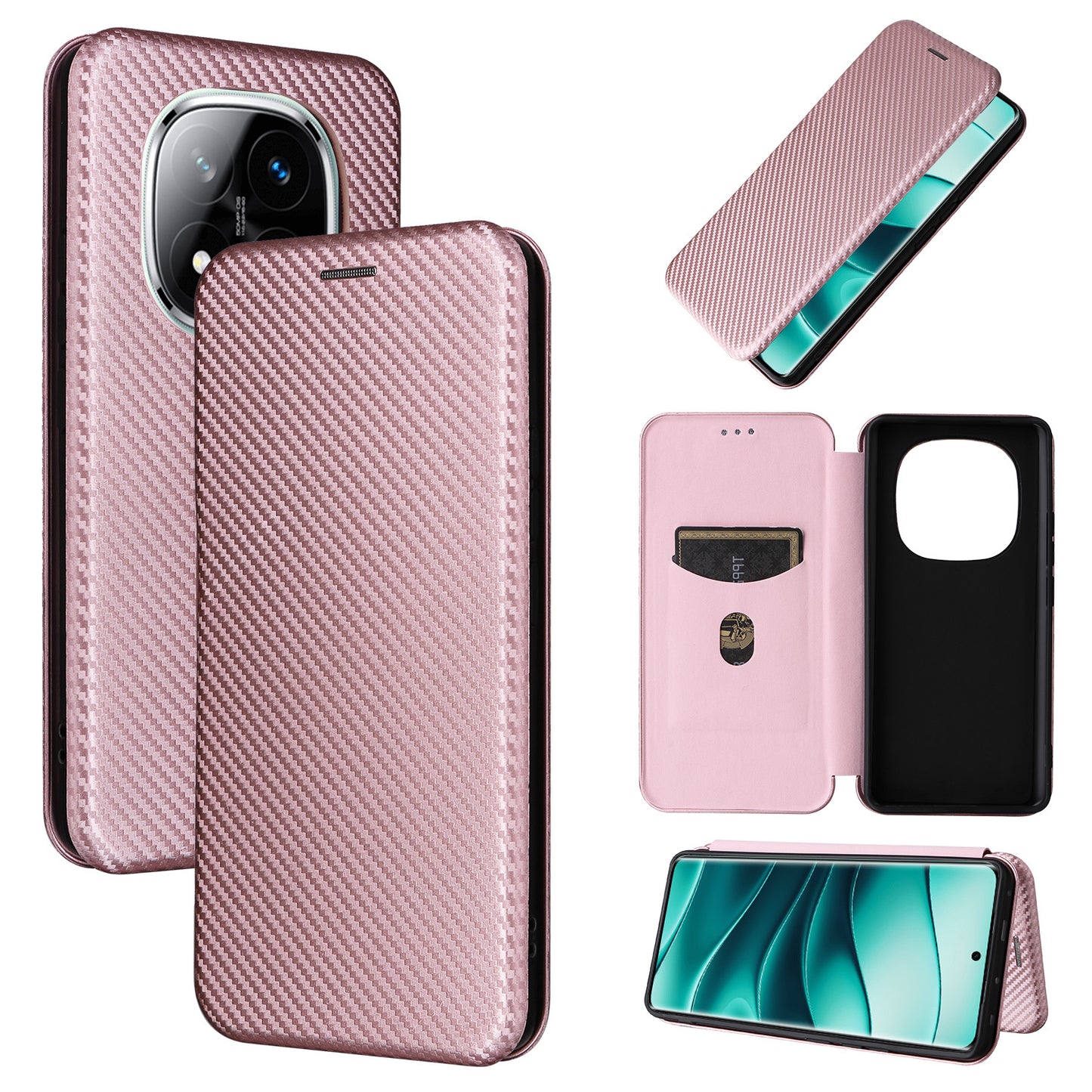 Carbon Fiber Flip Case for Redmi Note 14 Pro Plus 5G, Rose Gold