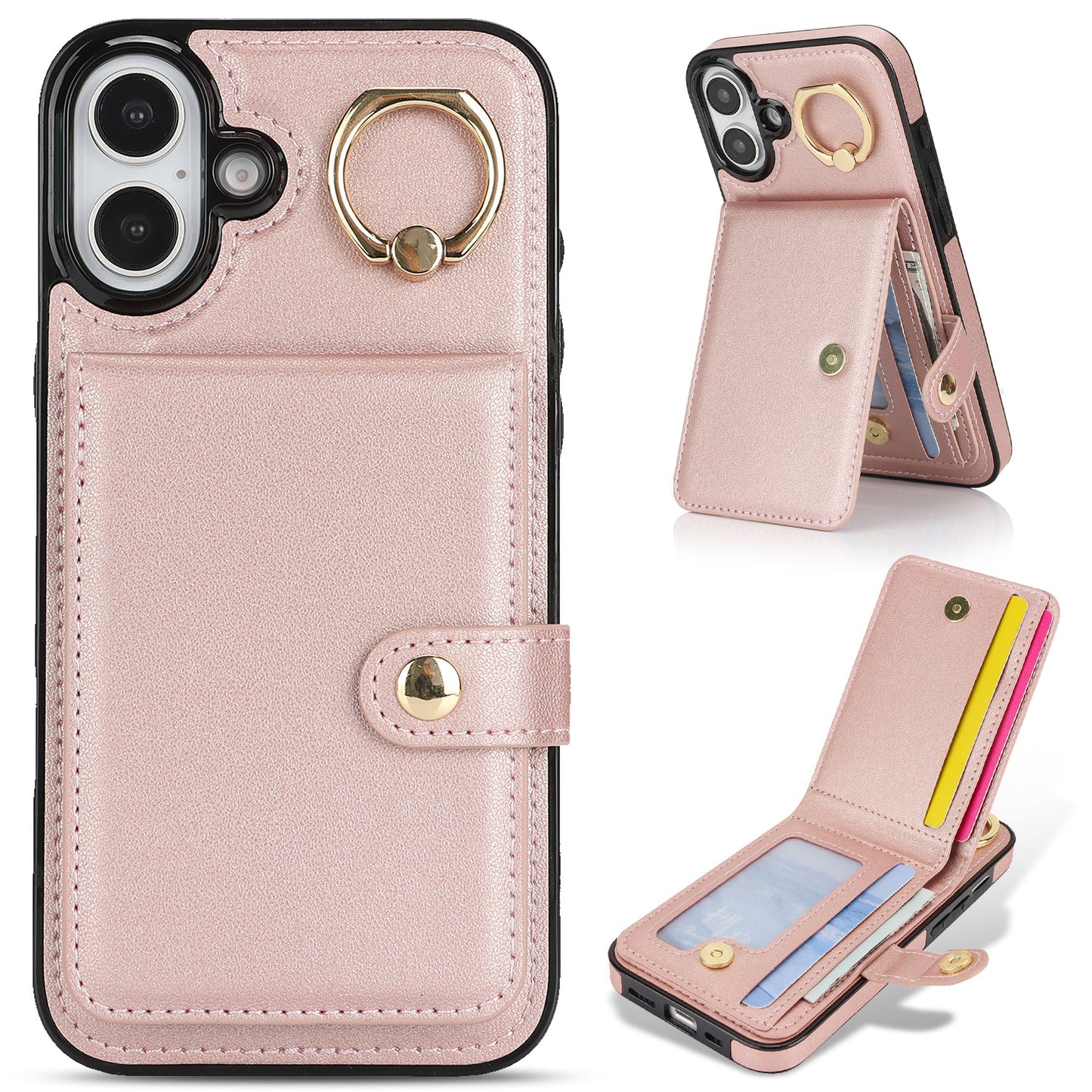 for iPhone 16 Wallet Case with Card Holder, Rose Gold