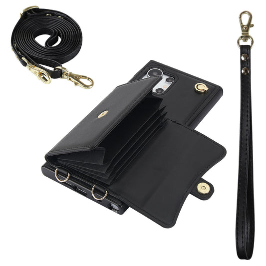 Crossbody Leather Detachable Adjustable Strap Wristlet Flip Case for Samsung Galaxy S24 Ultra, Black