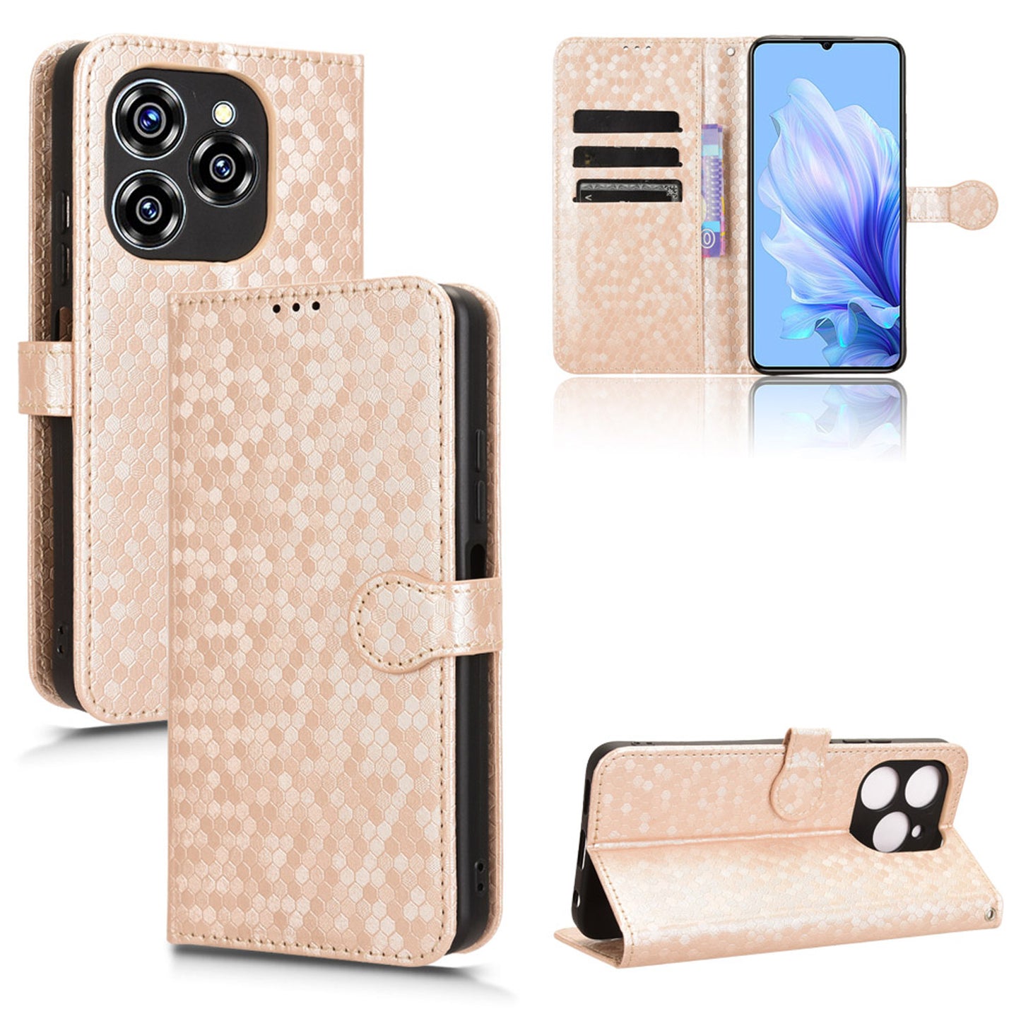 Slim Flip Polka-Dots Phone Case with Card Holder for Oukitel C50, Rose Gold