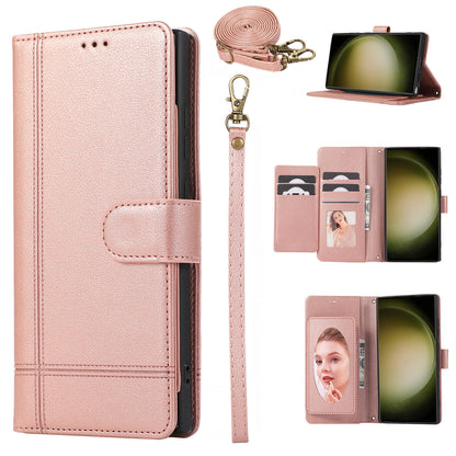 for Samsung Galaxy A25 5G Wallet Case with Adjustable Lanyard Strap Mirror Bracket, Rose Gold