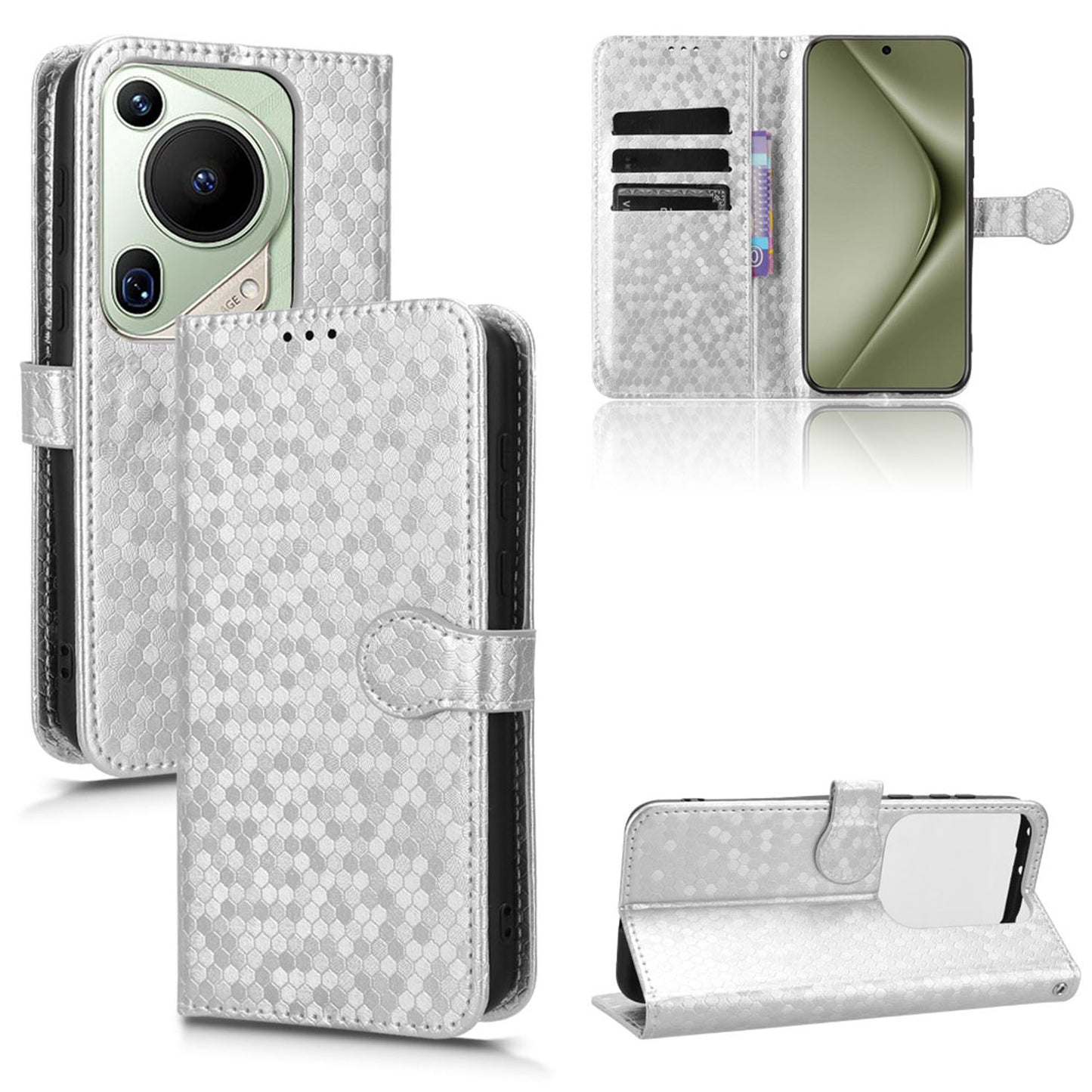 Slim Flip Polka-Dots Phone Case with Card Holder for Huawei Pura 70 Pro+, Silver