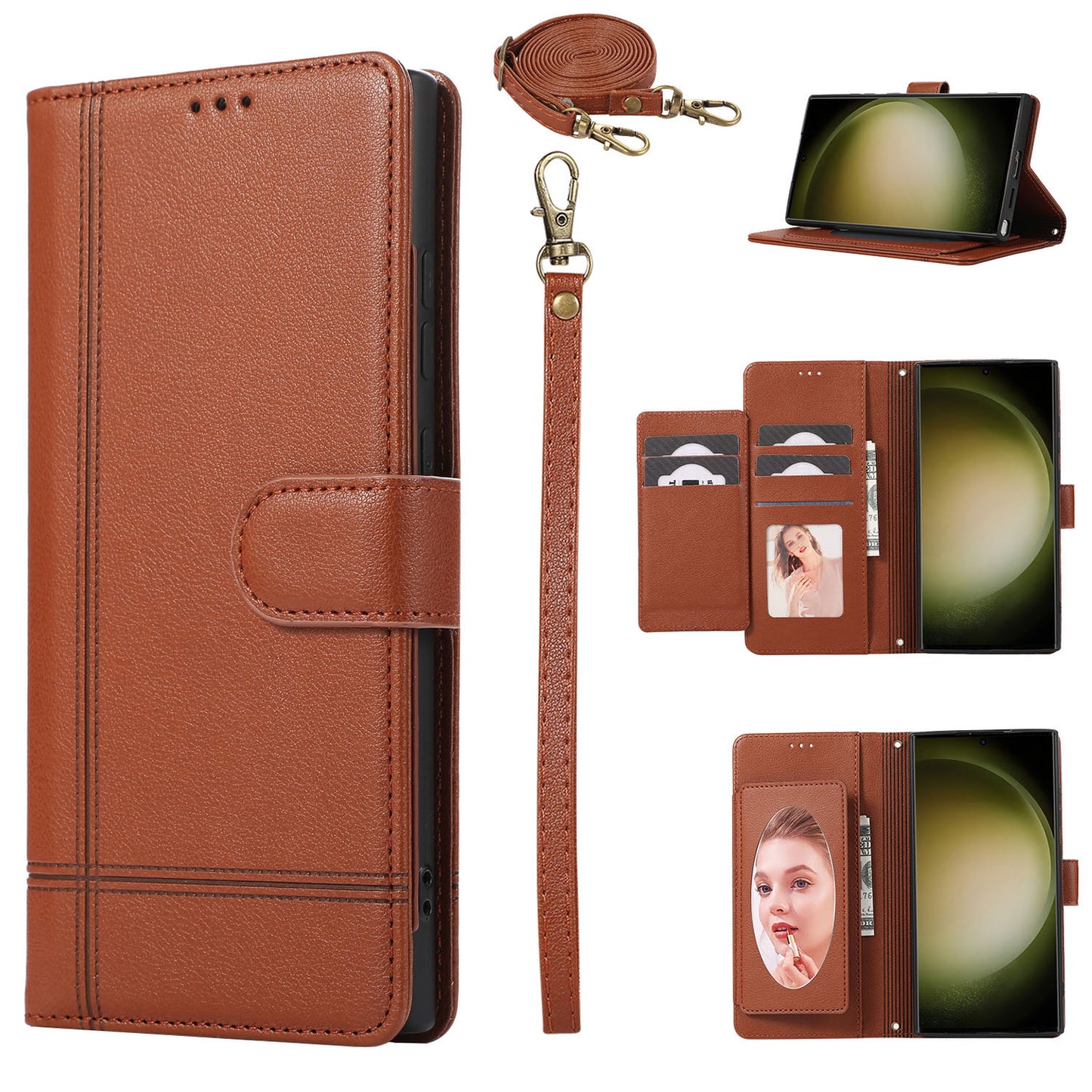 for Samsung Galaxy A24 Wallet Case with Adjustable Lanyard Strap Mirror Bracket, Brown