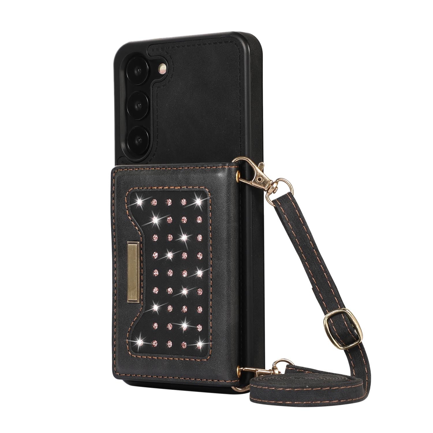 Crossbody Strap Bling Glitter Leather Flip Case for Samsung Galaxy S23+, Black