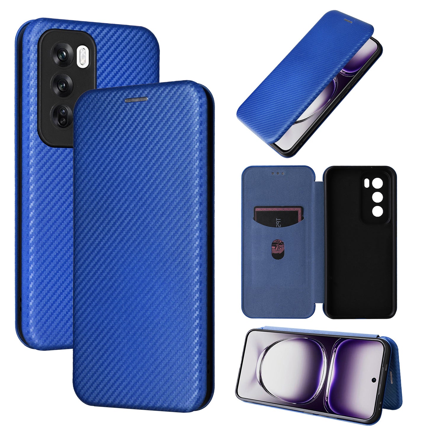 Carbon Fiber Flip Case for OPPO Reno12 5G, Blue