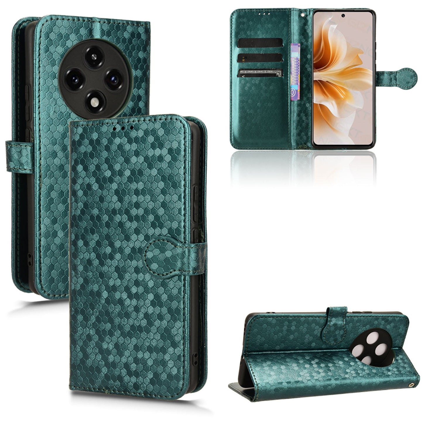 Slim Flip Polka-Dots Phone Case with Card Holder for OPPO A3 Pro 5G, Green