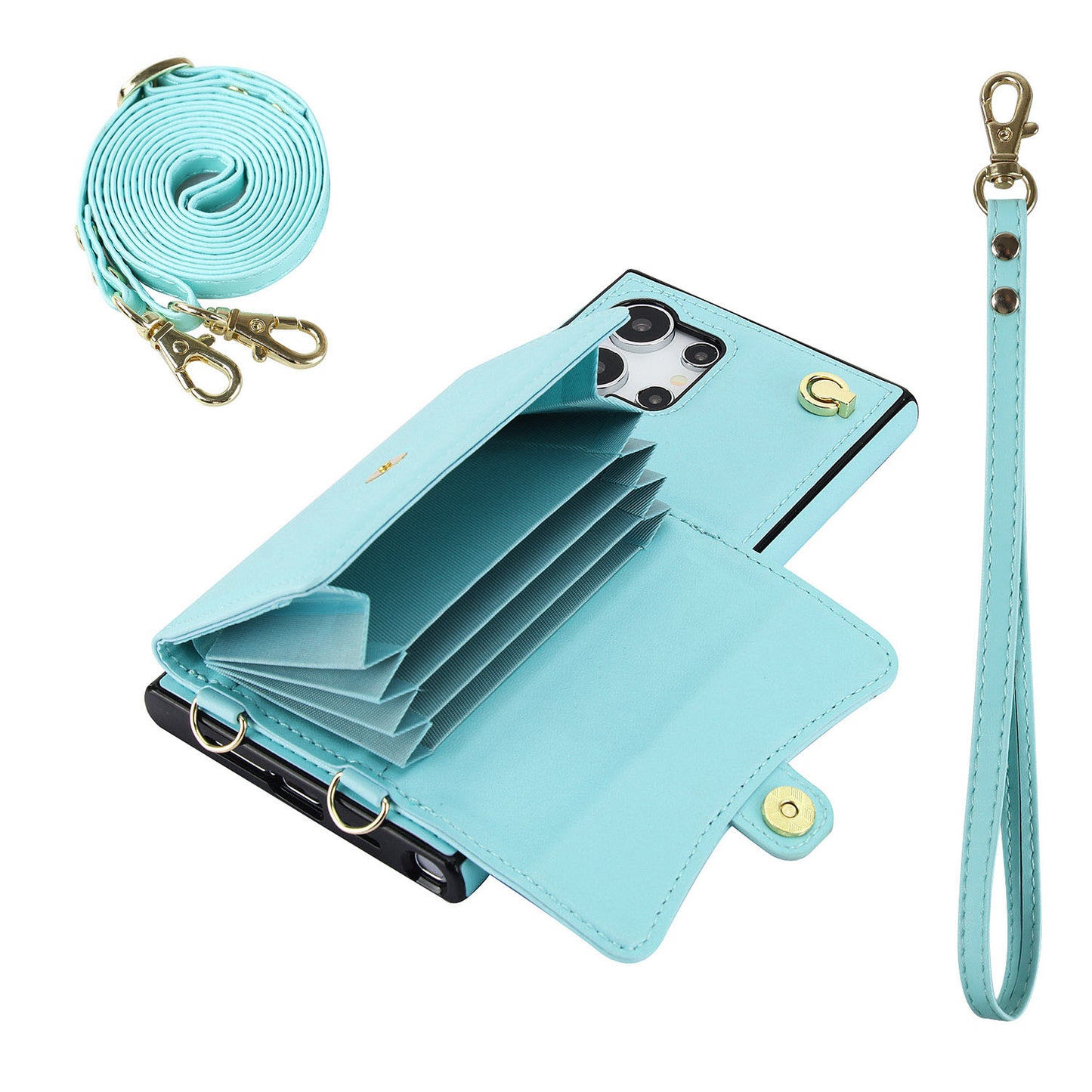 Crossbody Leather Detachable Adjustable Strap Wristlet Flip Case for Samsung Galaxy S24 Ultra, Blue