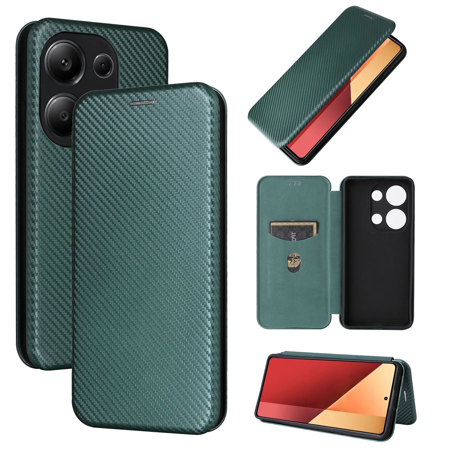 Carbon Fiber Flip Case for Xiaomi Redmi Note 13 Pro 4G, Green