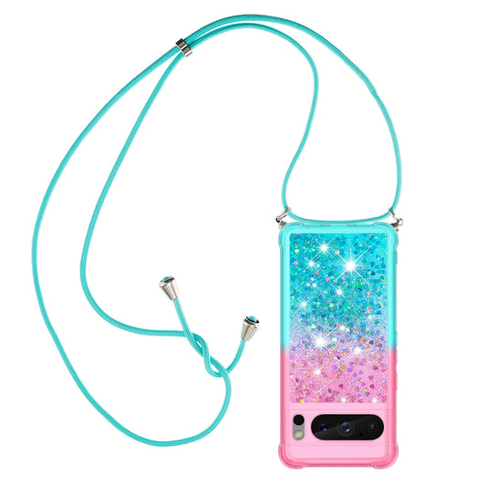 Google Pixel 8 Pro Gradient Quicksand Liquid Shockproof Case with Adjustable Lanyard, B&P&LANYARD