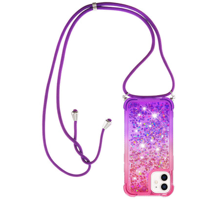 iPhone 12 Gradient Quicksand Liquid Shockproof Case with Adjustable Lanyard, PINK&P&LANYARD