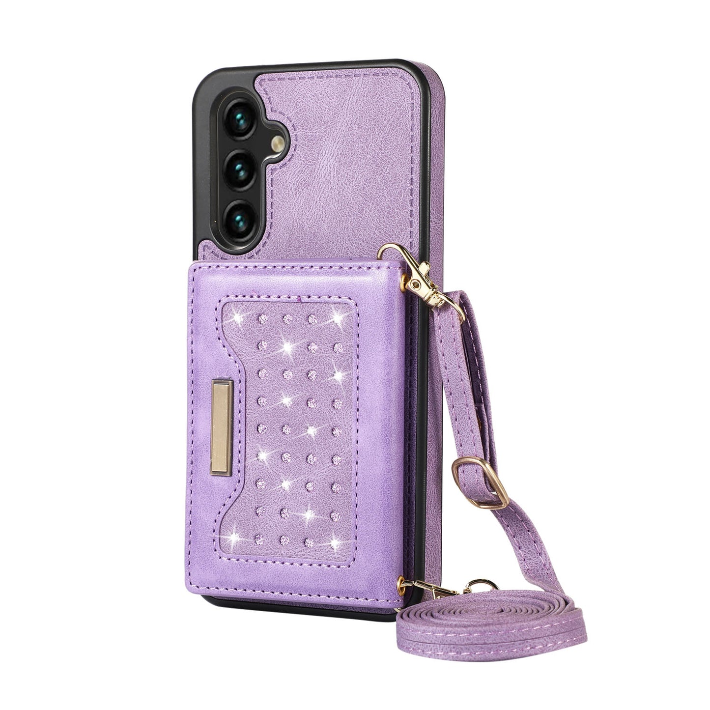 Crossbody Strap Bling Glitter Leather Flip Case for Samsung Galaxy S24+, Purple