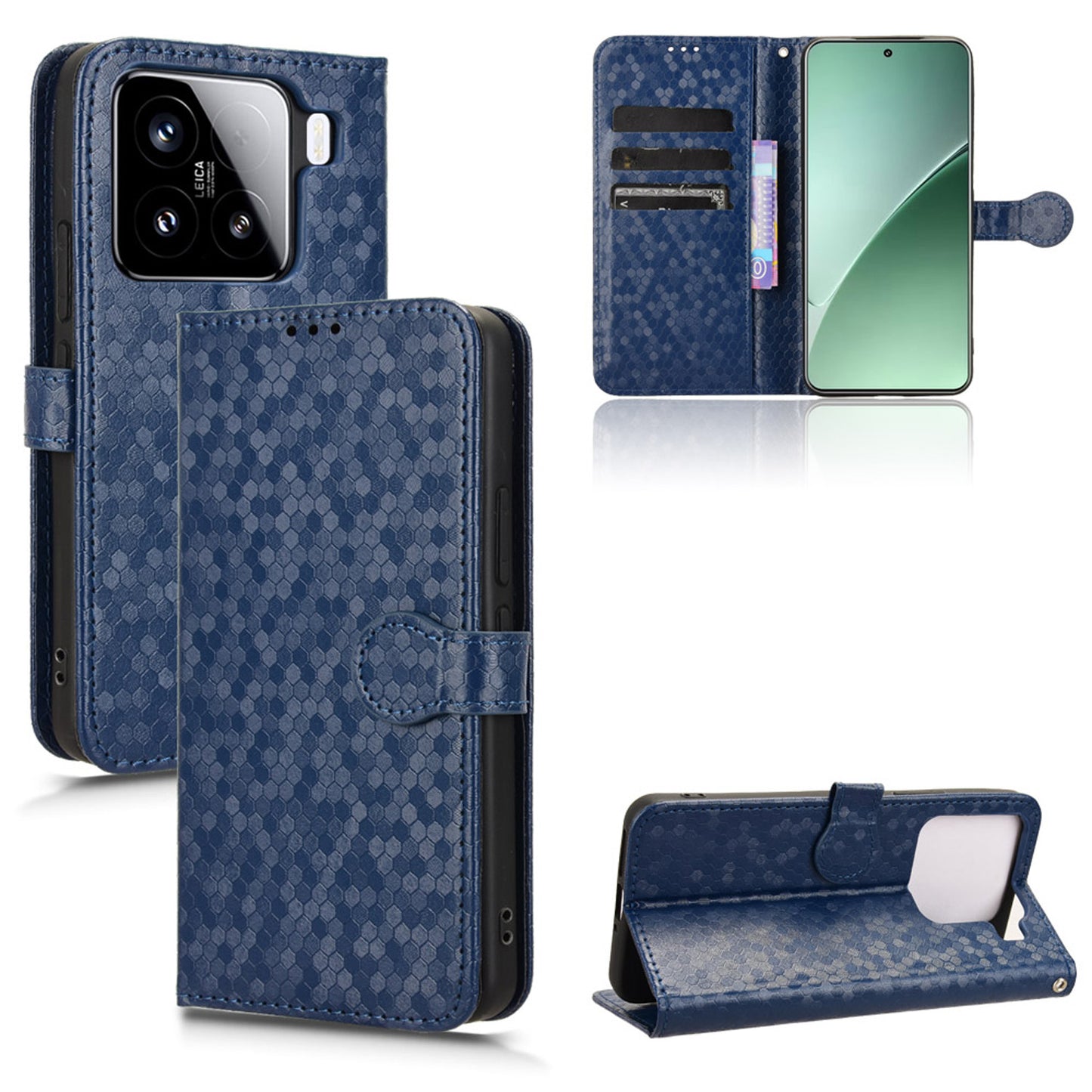 Slim Flip Polka-Dots Phone Case with Card Holder for Xiaomi 15 Pro, Blue