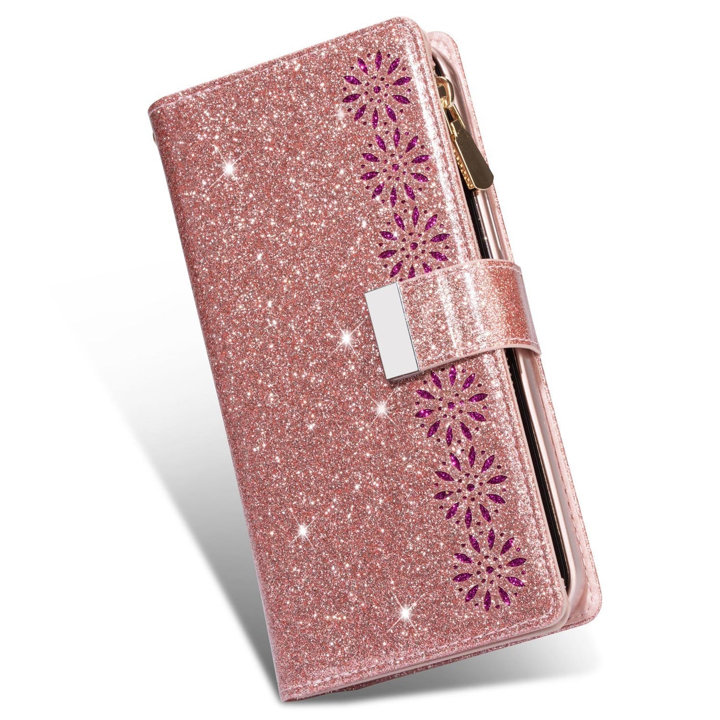 Glitter Leather Wallet Case for iPhone 15, Rose Gold