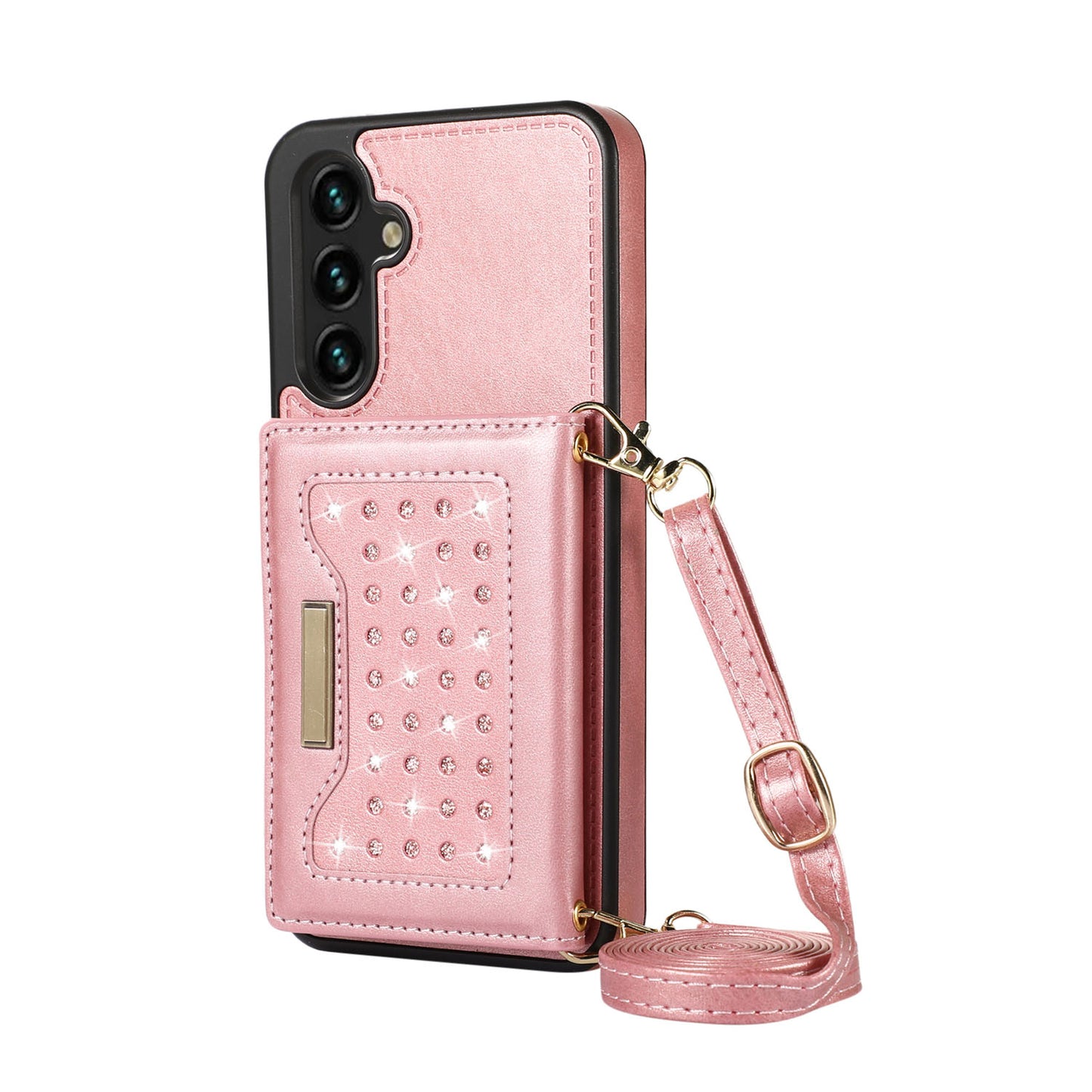 Crossbody Strap Bling Glitter Leather Flip Case for Samsung Galaxy S24, Rose Gold