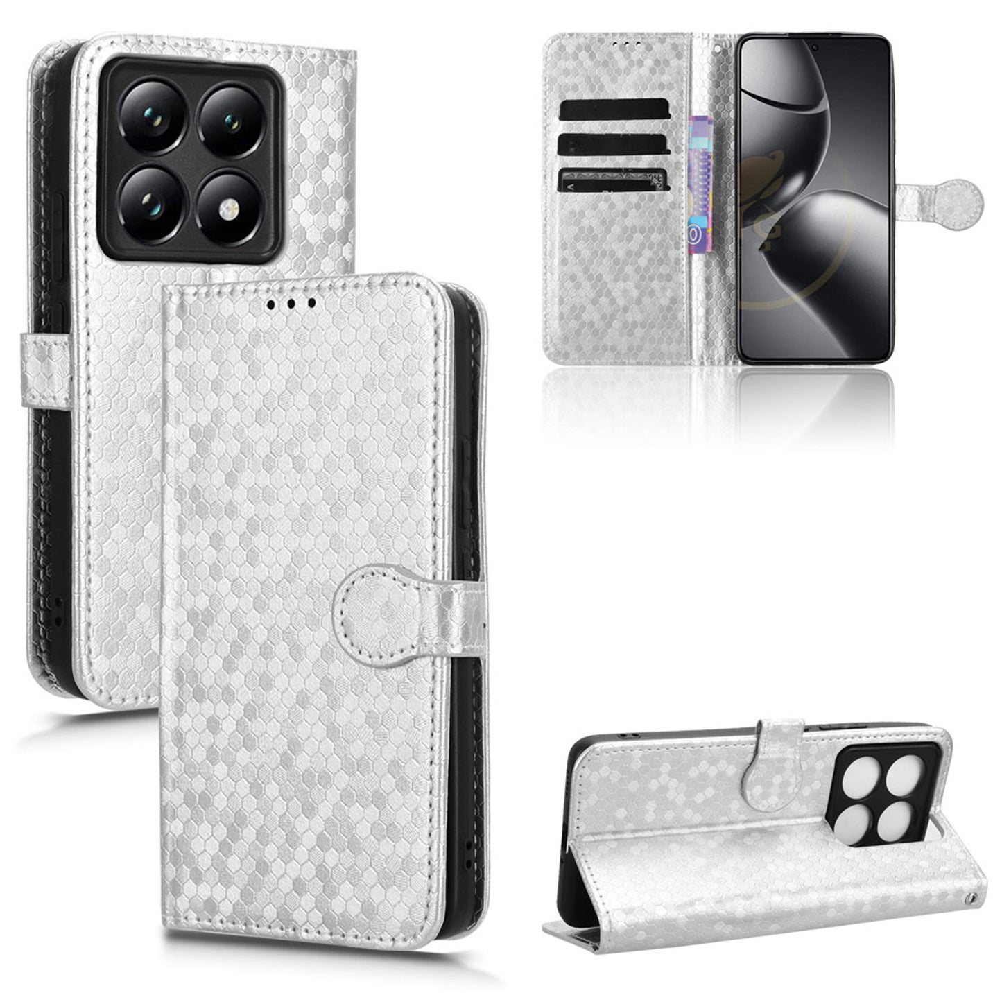 Slim Flip Polka-Dots Phone Case with Card Holder for Xiaomi 14T Pro, Silver