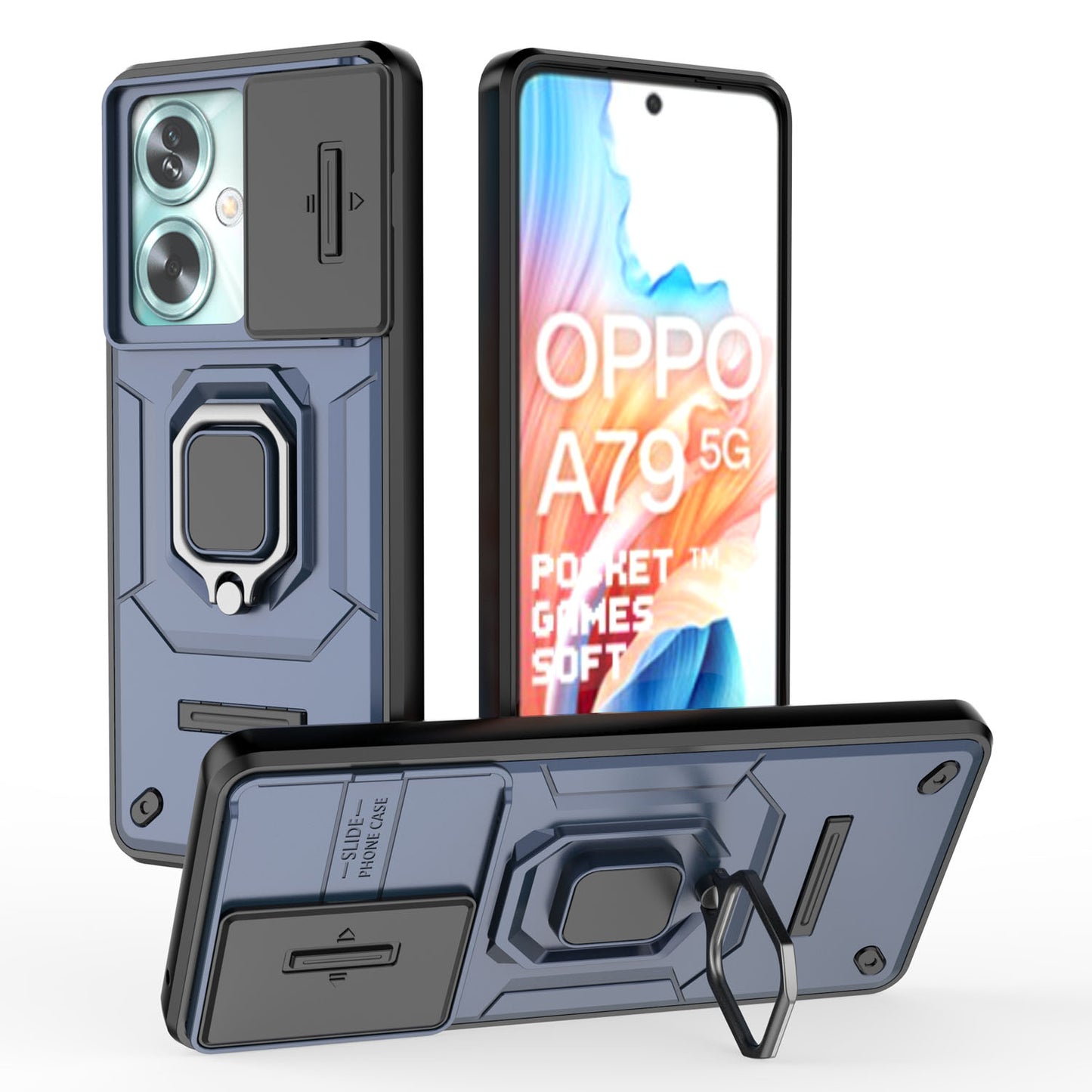 OPPO A79 5G Heavy Duty Shockproof Case with Built in Slide Camera Lens Cover and Kickstand, Blue