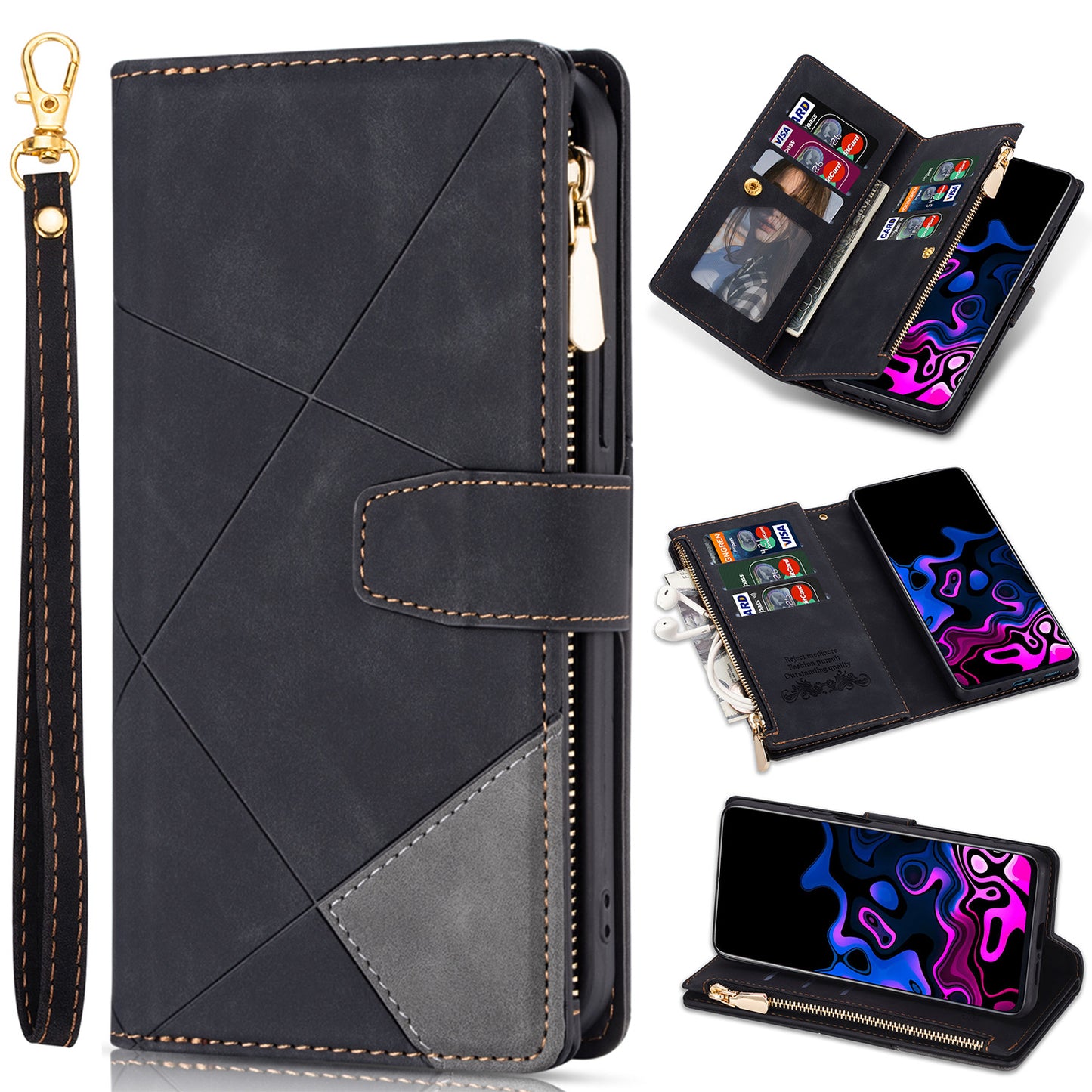 Zipper Flip Folio Wallet Case for iPhone 16, Black