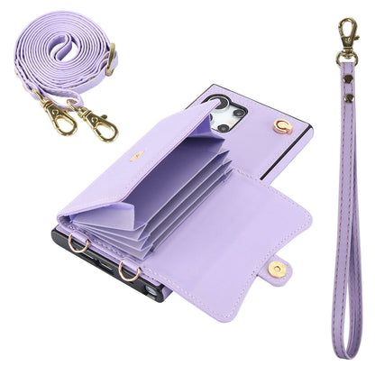 Crossbody Leather Detachable Adjustable Strap Wristlet Flip Case for Samsung Galaxy S24 Ultra, Purple