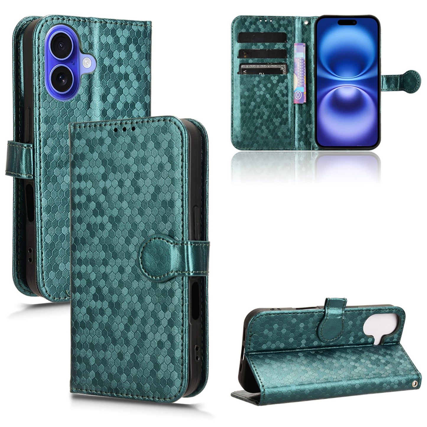 Slim Flip Polka-Dots Phone Case with Card Holder for iPhone 16, Green