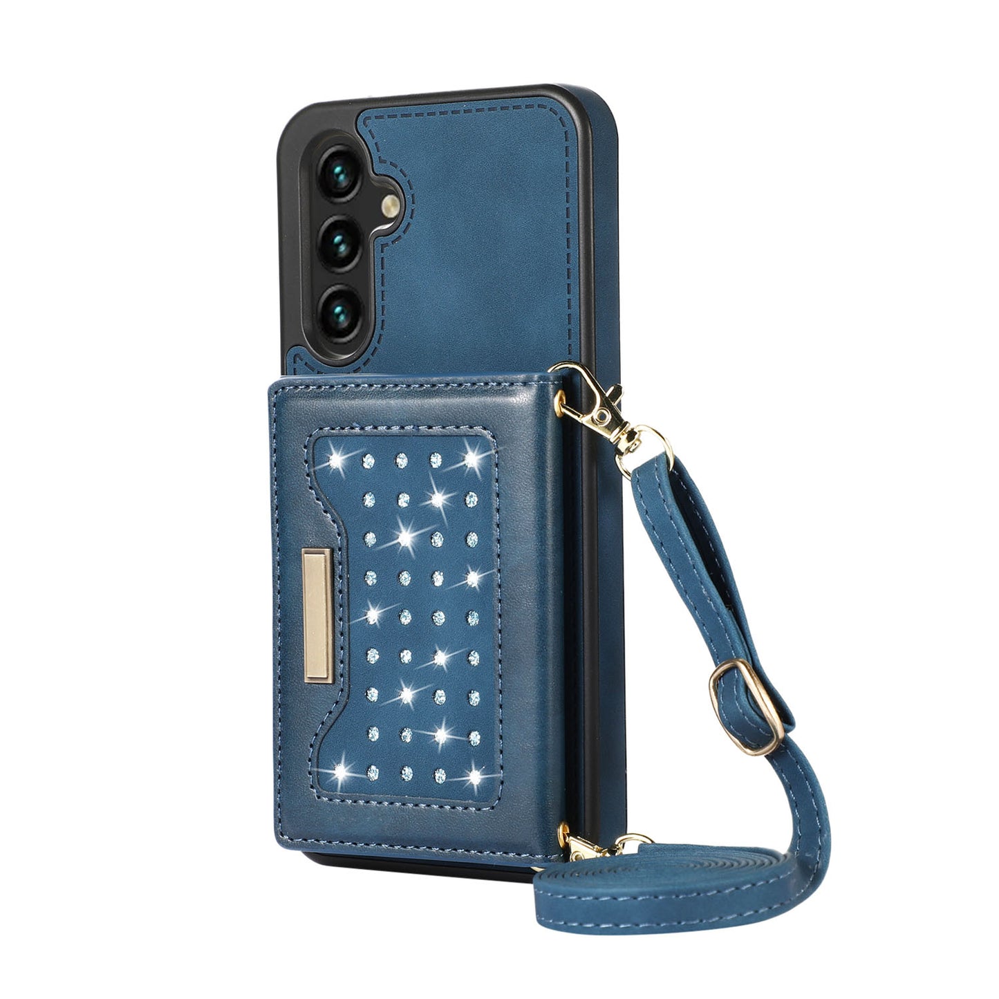 Crossbody Strap Bling Glitter Leather Flip Case for Samsung Galaxy S24, Blue