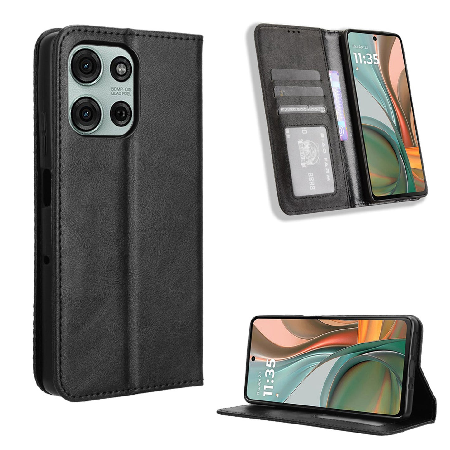 Moto G75 5G Flip Folio Case with Card Holder Hidden Magnetic, Brown