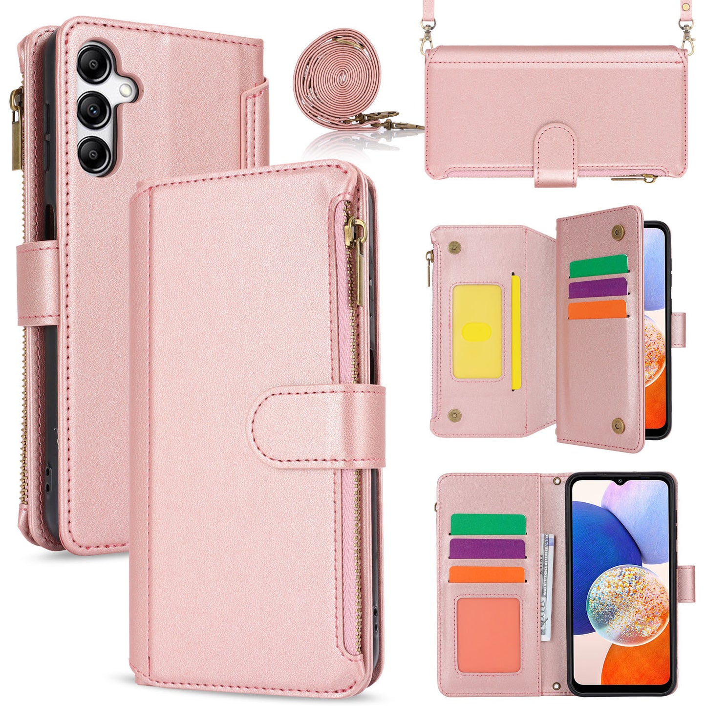 for Samsung Galaxy A14 5G Wallet Case with RFID Blocking, Rose Gold