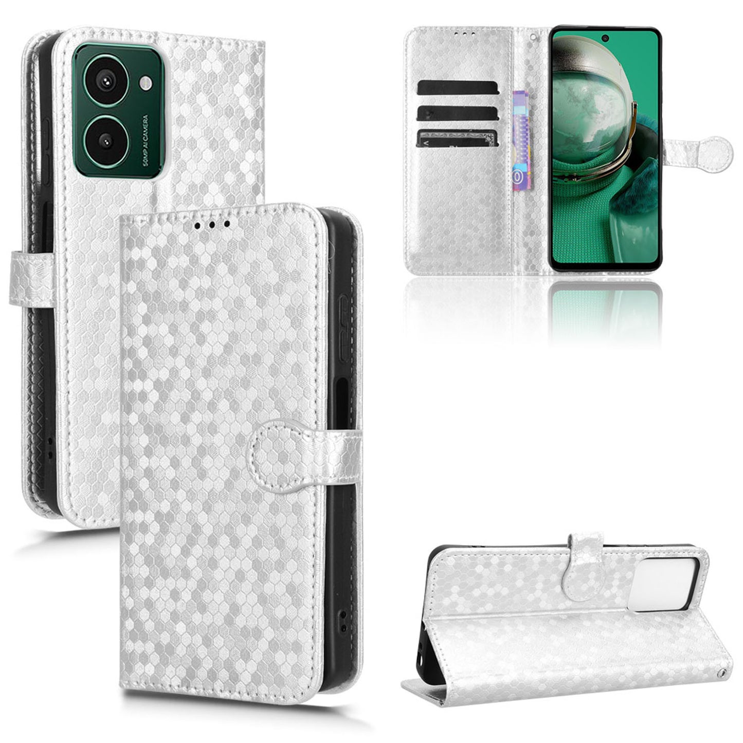 Slim Flip Polka-Dots Phone Case with Card Holder for HMD Pulse+, Silver