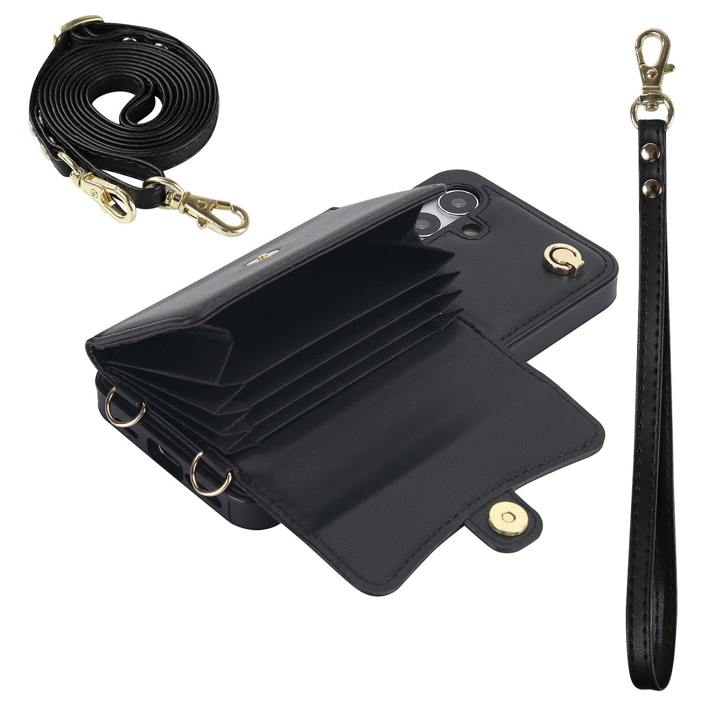 Crossbody Leather Detachable Adjustable Strap Wristlet Flip Case for Samsung Galaxy S24+, Black