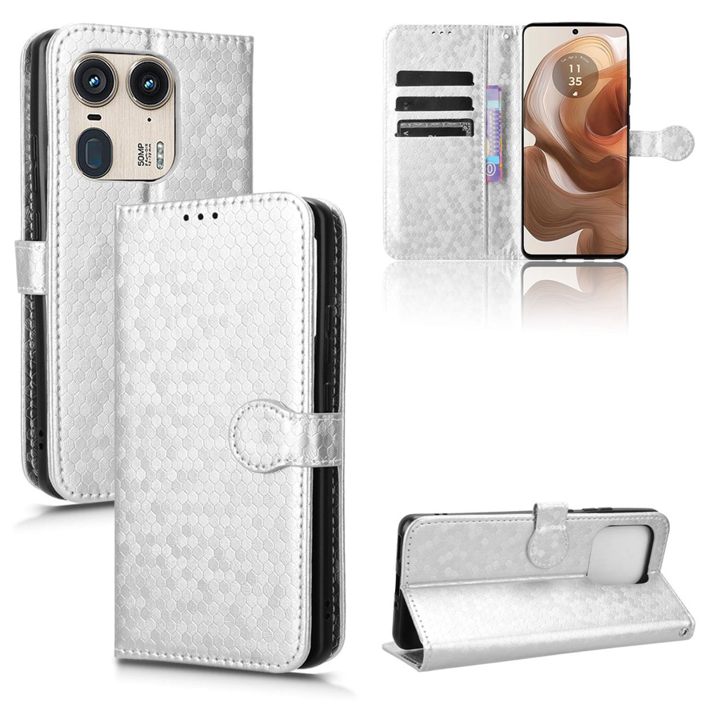 Slim Flip Polka-Dots Phone Case with Card Holder for Motorola Edge 50 Ultra, Silver