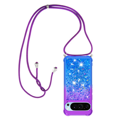 Google Pixel 9 Gradient Quicksand Liquid Shockproof Case with Adjustable Lanyard, P&B&LANYARD