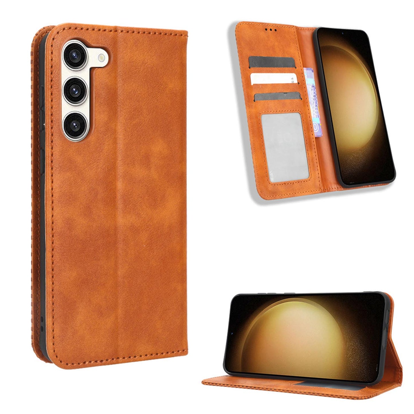 Samsung Galaxy S23 Flip Folio Case with Card Holder Hidden Magnetic, Brown