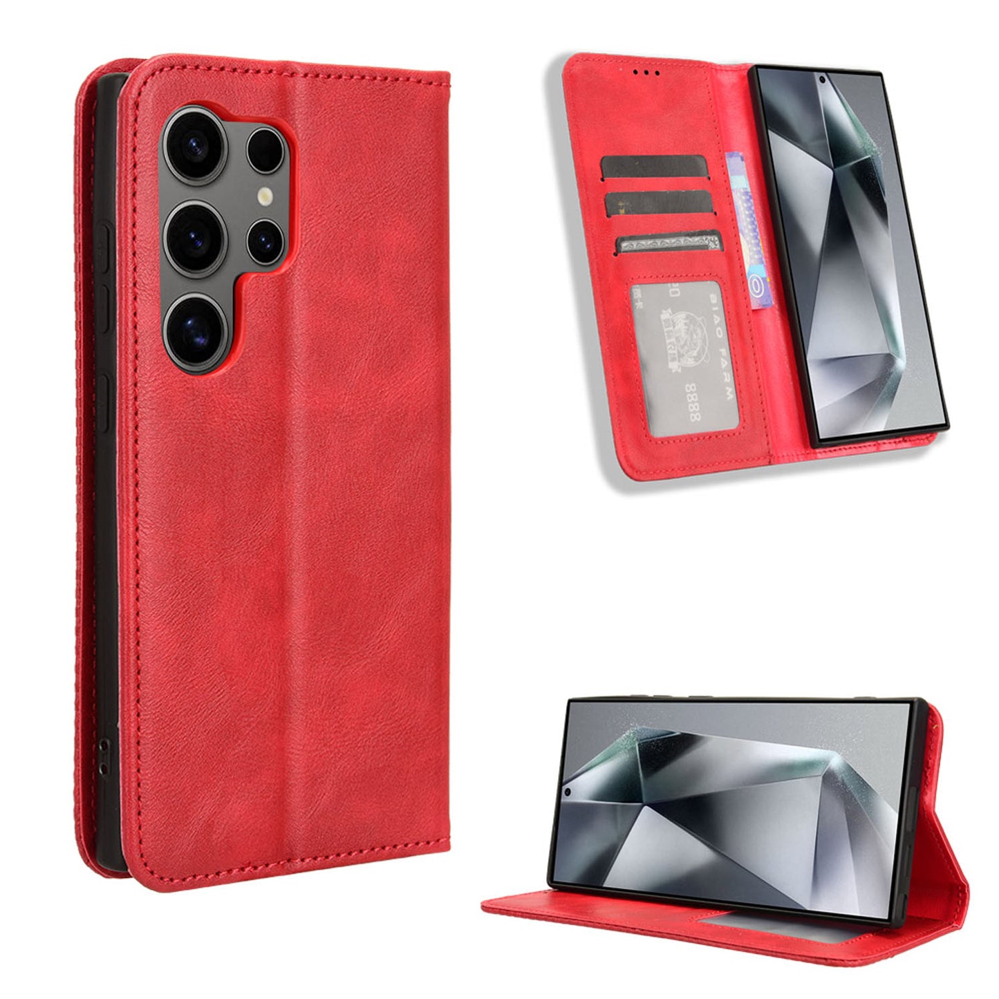 Samsung Galaxy S24 Ultra Flip Folio Case with Card Holder Hidden Magnetic, Red