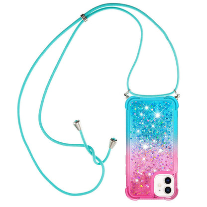 iPhone 12 Gradient Quicksand Liquid Shockproof Case with Adjustable Lanyard, PINK&B&LANYARD