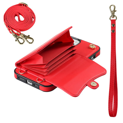 Crossbody Leather Detachable Adjustable Strap Wristlet Flip Case for iPhone 13, Red