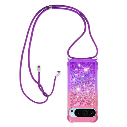 Google Pixel 9 Pro Gradient Quicksand Liquid Shockproof Case with Adjustable Lanyard, PINK&P&LANYARD