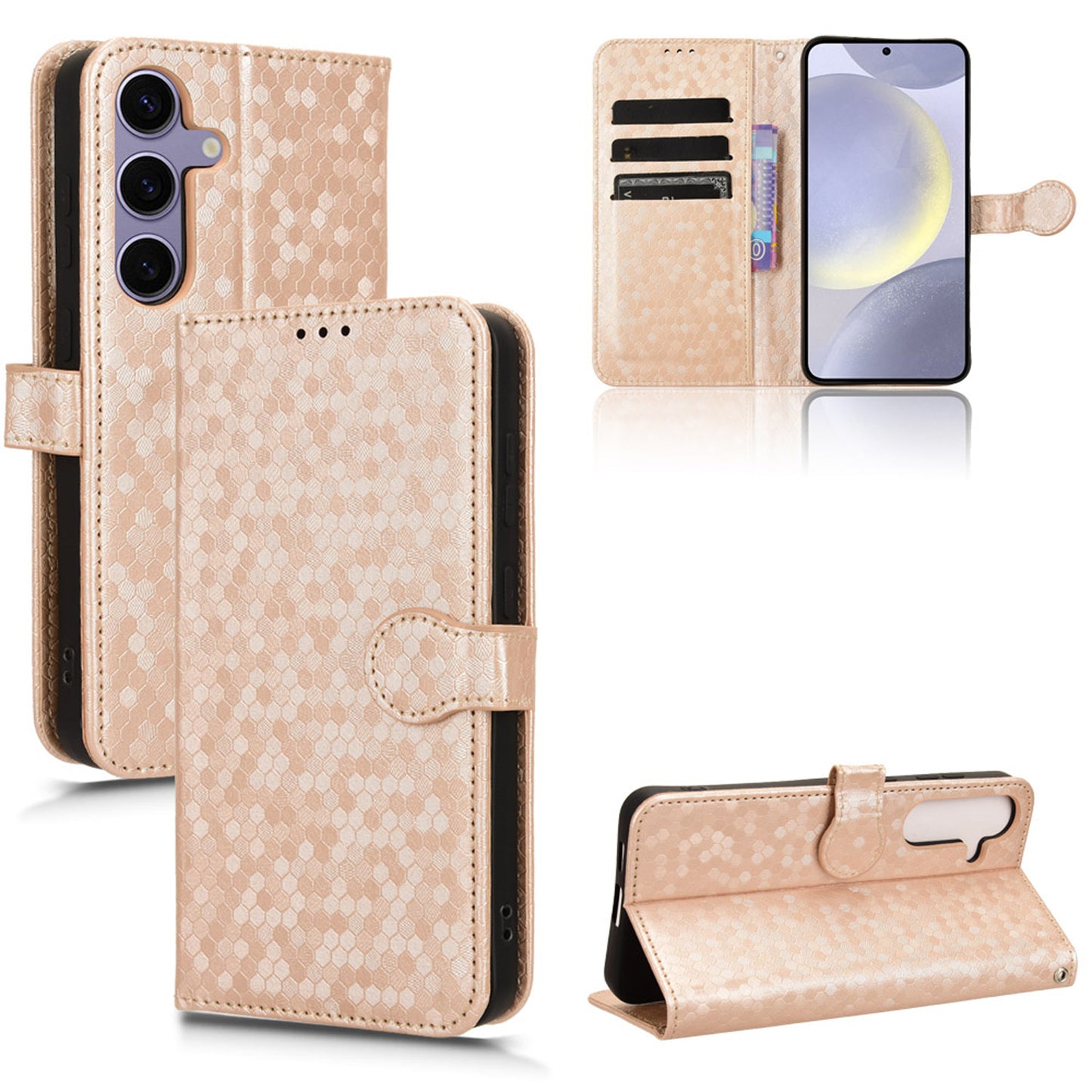 Slim Flip Polka-Dots Phone Case with Card Holder for Samsung Galaxy S24 FE, Rose Gold