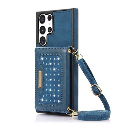 Crossbody Strap Bling Glitter Leather Flip Case for Samsung Galaxy S23 Ultra, Blue