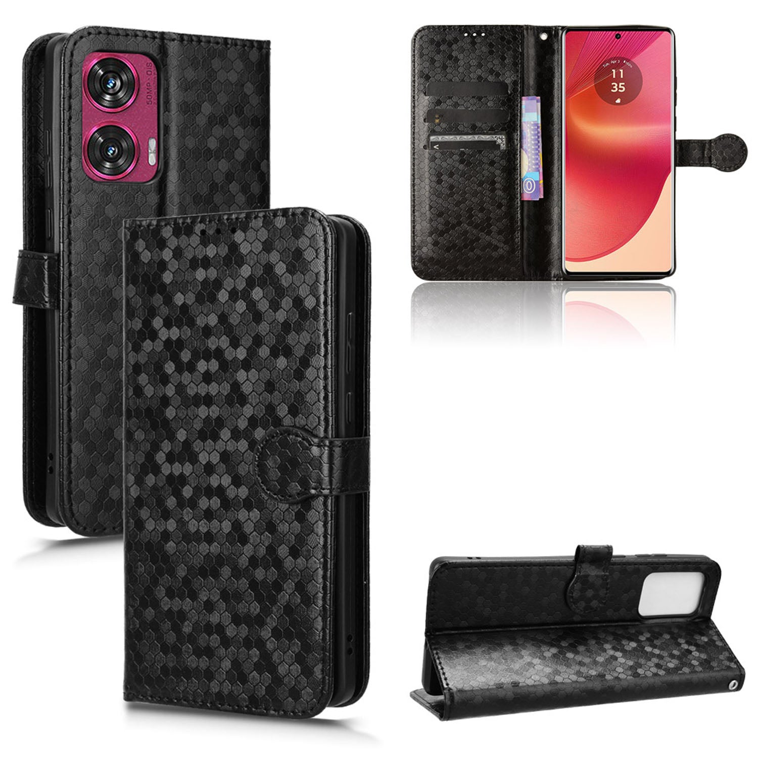 Slim Flip Polka-Dots Phone Case with Card Holder for Motorola Edge 50 Fusion, Black