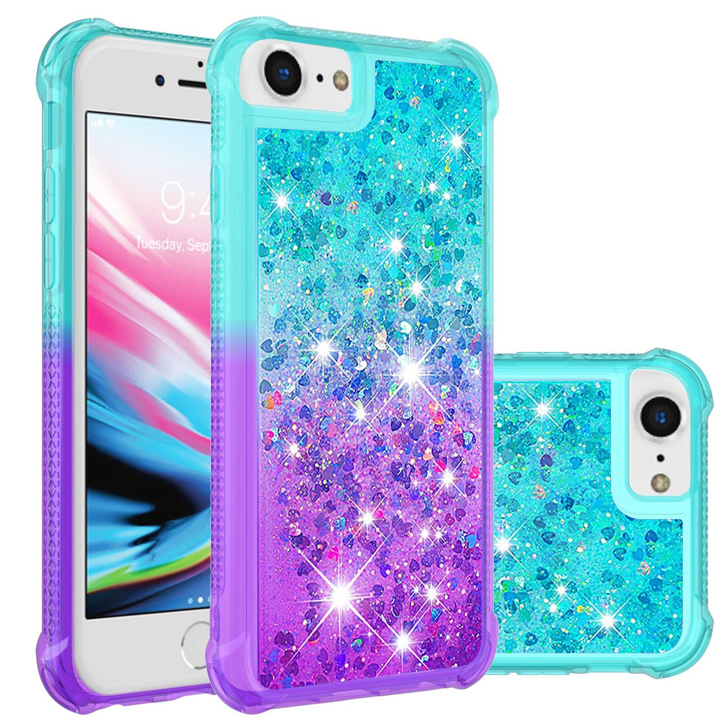 iPhone 16e Gradient Quicksand Series Bling Liquid TPU Case, Pink&Blue