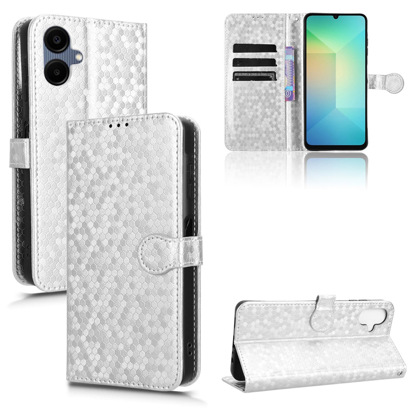 Slim Flip Polka-Dots Phone Case with Card Holder for Samsung Galaxy A06, Silver