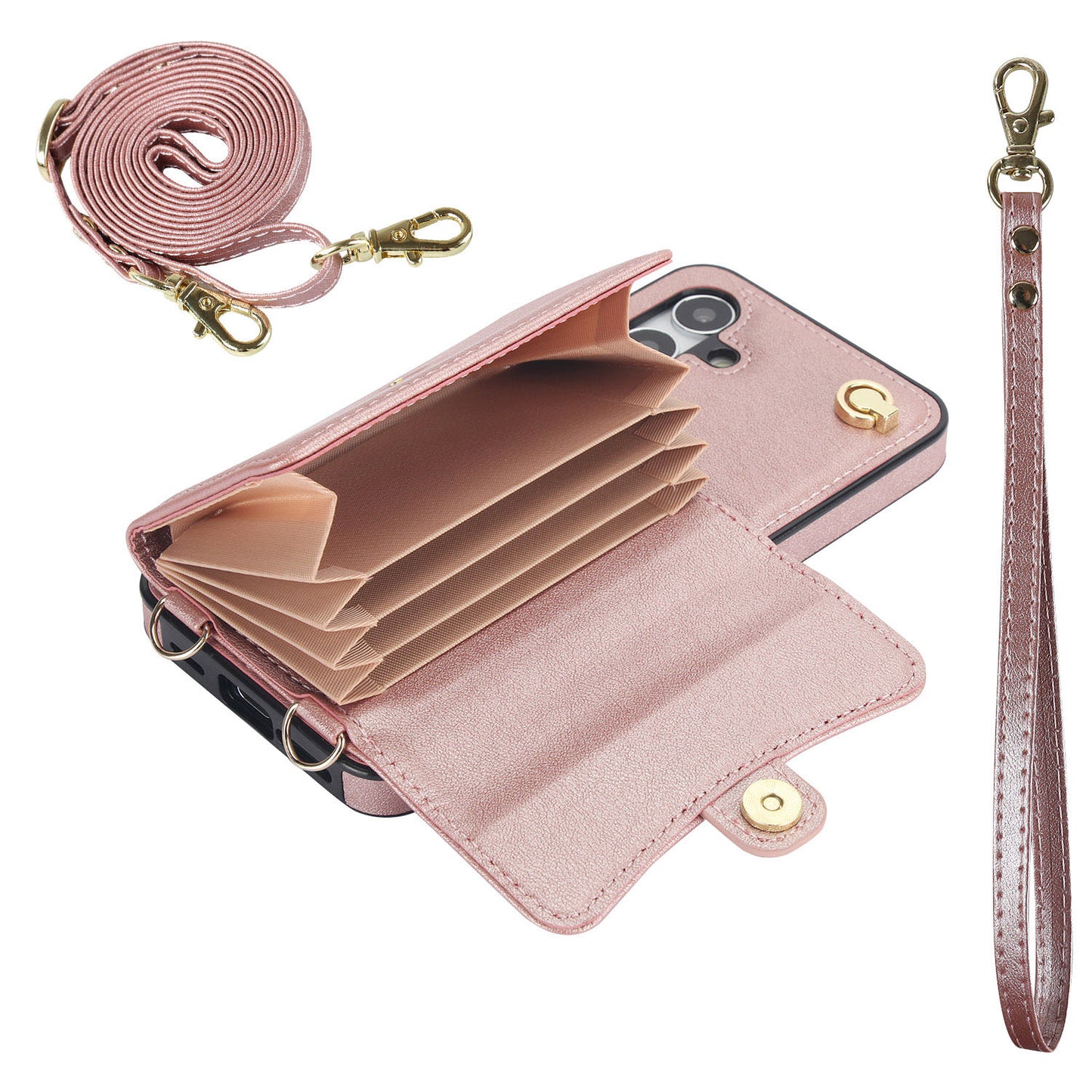 Crossbody Leather Detachable Adjustable Strap Wristlet Flip Case for Samsung Galaxy A15 5G, Rose Gold