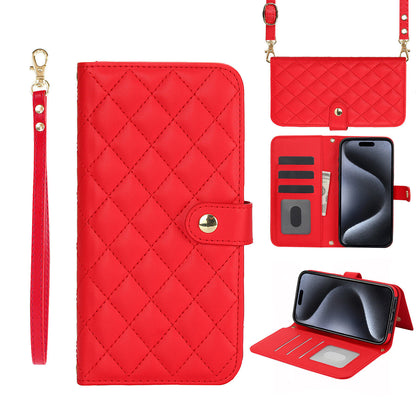 Quilted Leather Crossbody Wallet Case for iPhone 13 Mini with RFID Blocking, Red