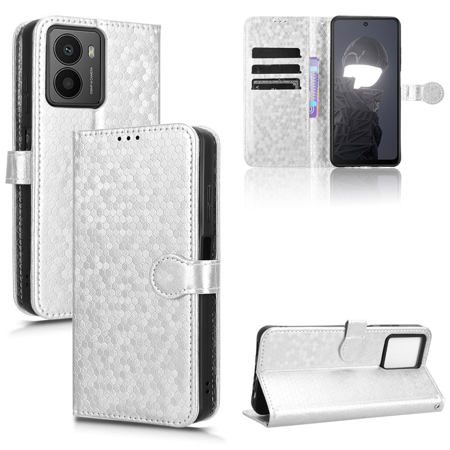 Slim Flip Polka-Dots Phone Case with Card Holder for HMD Fusion, Silver