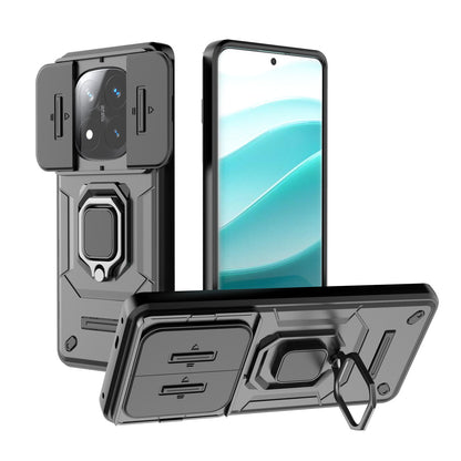 Redmi Note 14 Pro Plus 5G Heavy Duty Shockproof Case with Built in Slide Camera Lens Cover and Kickstand, Black