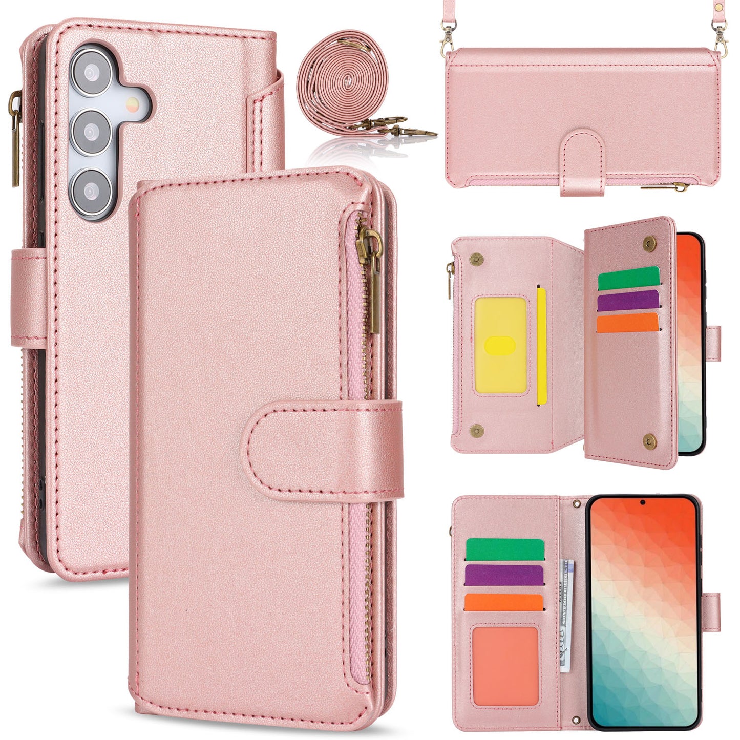 for Samsung Galaxy S24 Wallet Case with RFID Blocking, Rose Gold