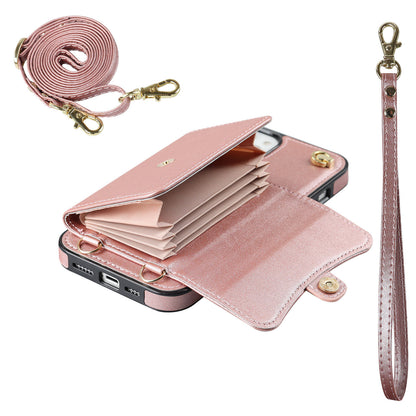 Crossbody Leather Detachable Adjustable Strap Wristlet Flip Case for iPhone 15, Rose Gold